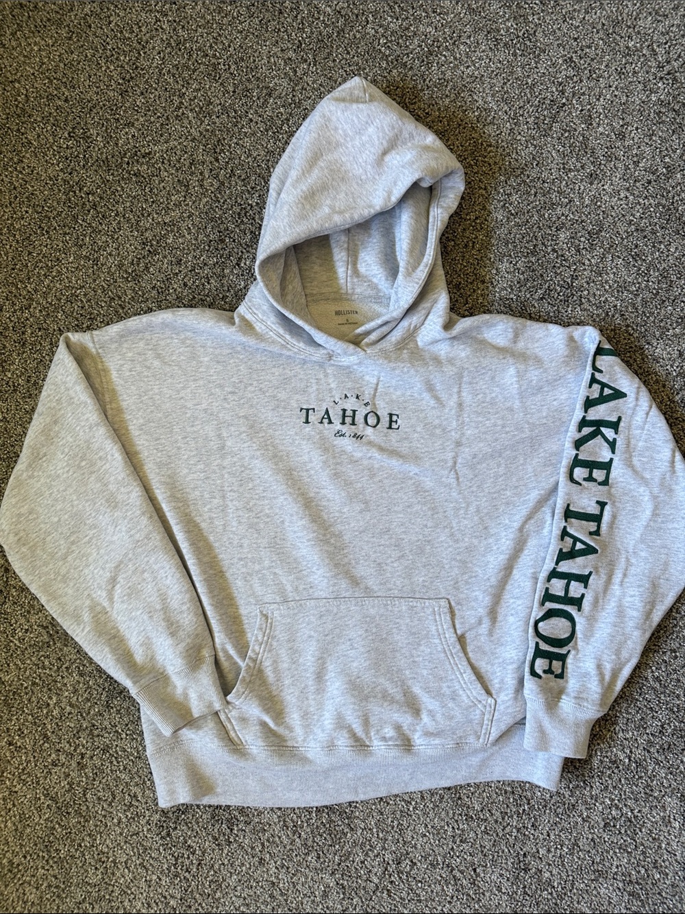 Hollister Gray 'Tahoe' Hooded Sweatshirt with Green Sleeve Text